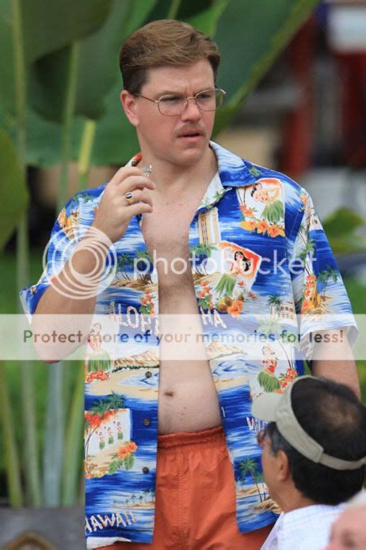 Heavier Matt Damon with his shirt open on set