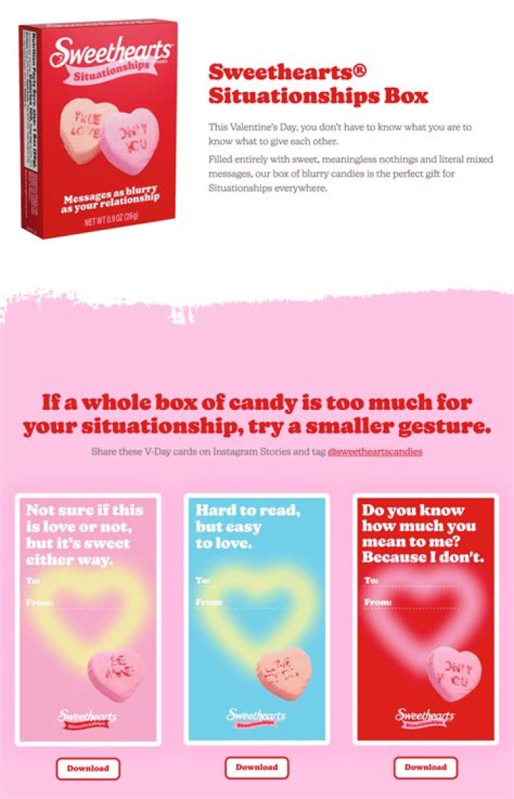Sweethearts repackage candy heart rejects with blurry text as “Situationships”
